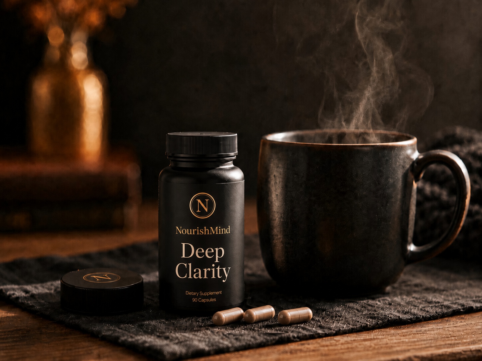 NourishMind Deep Clarity 90-capsule bottle with the cap off beside a steaming mug, with three capsules on a linen mat