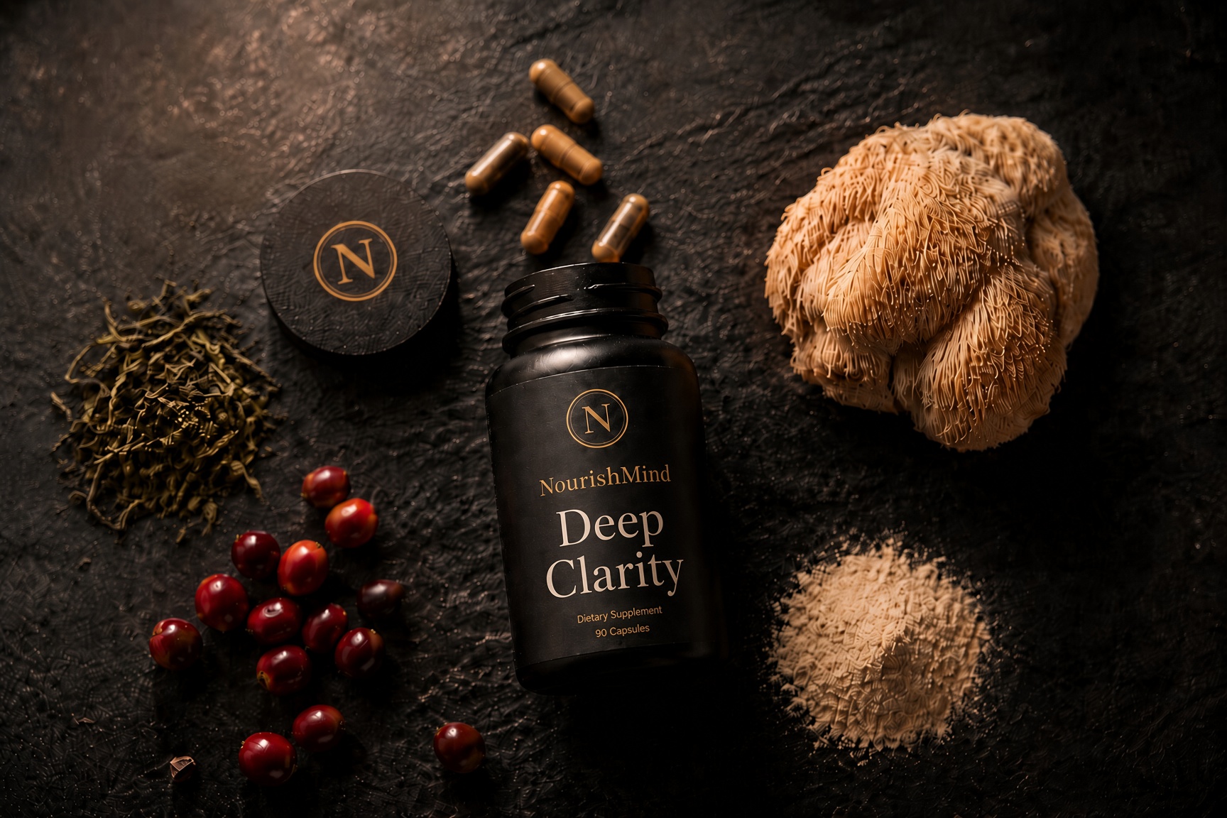 Top-down view of a NourishMind Deep Clarity 90-capsule bottle surrounded by capsules, lion's mane mushroom, coffee fruit, and green tea leaves on a dark textured surface