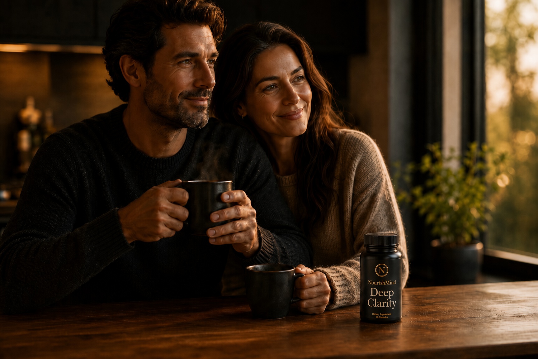 A couple enjoying a calm morning with steaming mugs at a wooden counter, with a NourishMind Deep Clarity 90-capsule bottle beside them